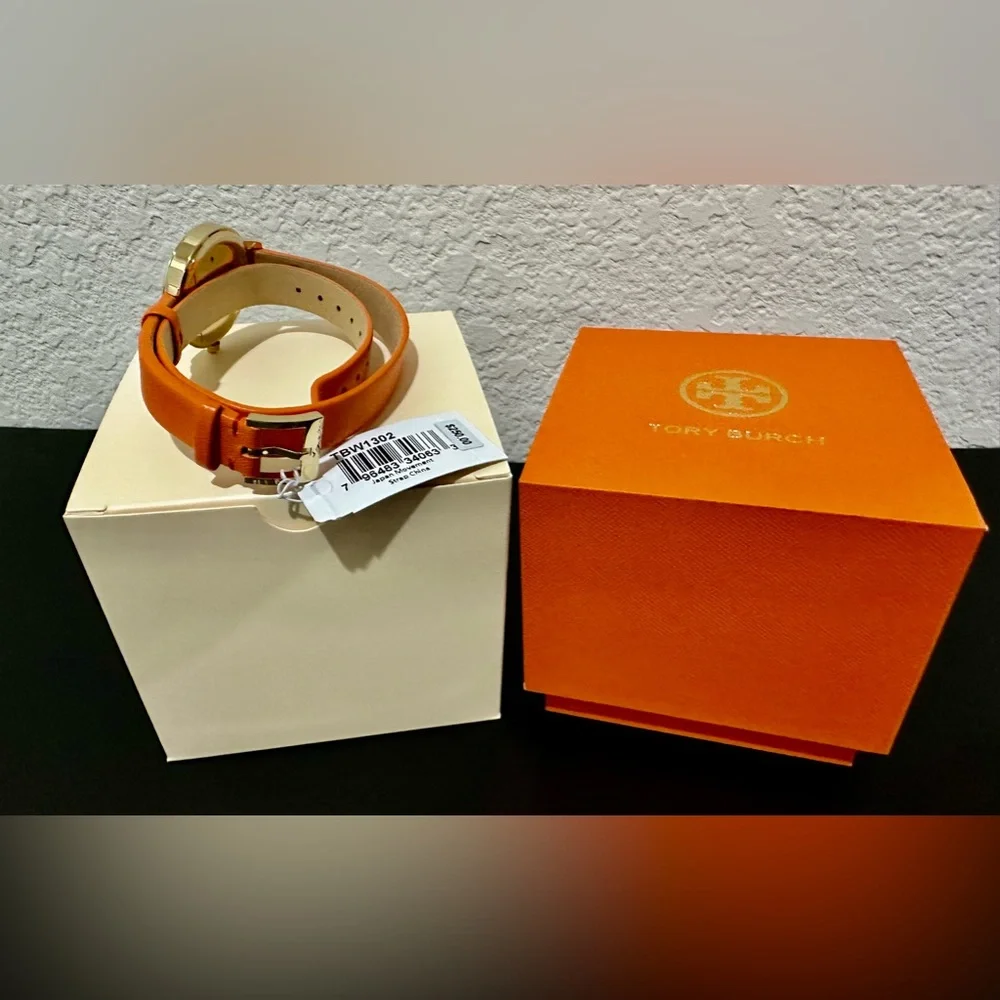 NIB TBW1302 TORY BURCH Collins Orange Double Wrap Gold Case Women's Watch
